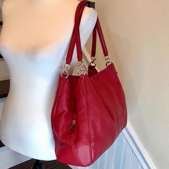 COACH Madison Phoebe Red Lining & Tumbled Red Leather Bag 3 Compartment Interior - Picture 4 of 15